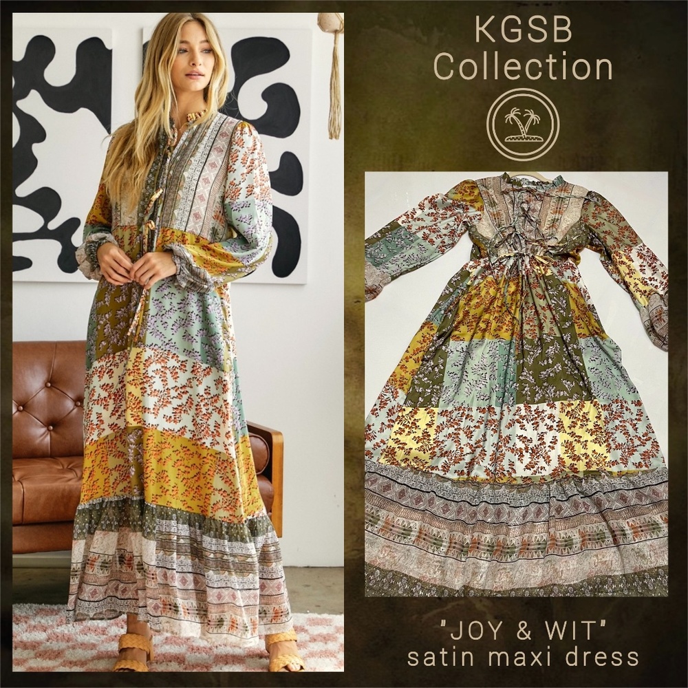 ANTHRO BRAND Satin & Chiffon Victorian Boho Maxi Dress Wear Cinched or Free Flow